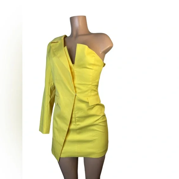 Blazer dress with one shoulder yellow unique piece size small - Picture 3 of 14